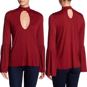 Haute Hippie Front Keyhole Mock Neck Merlot Tee